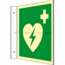 mit Rettungszeichen: Fahnenschild Defibrillator nach ISO 7010 (E 010)