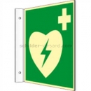 mit Rettungszeichen: Fahnenschild Defibrillator nach BGV A8 (E 17)